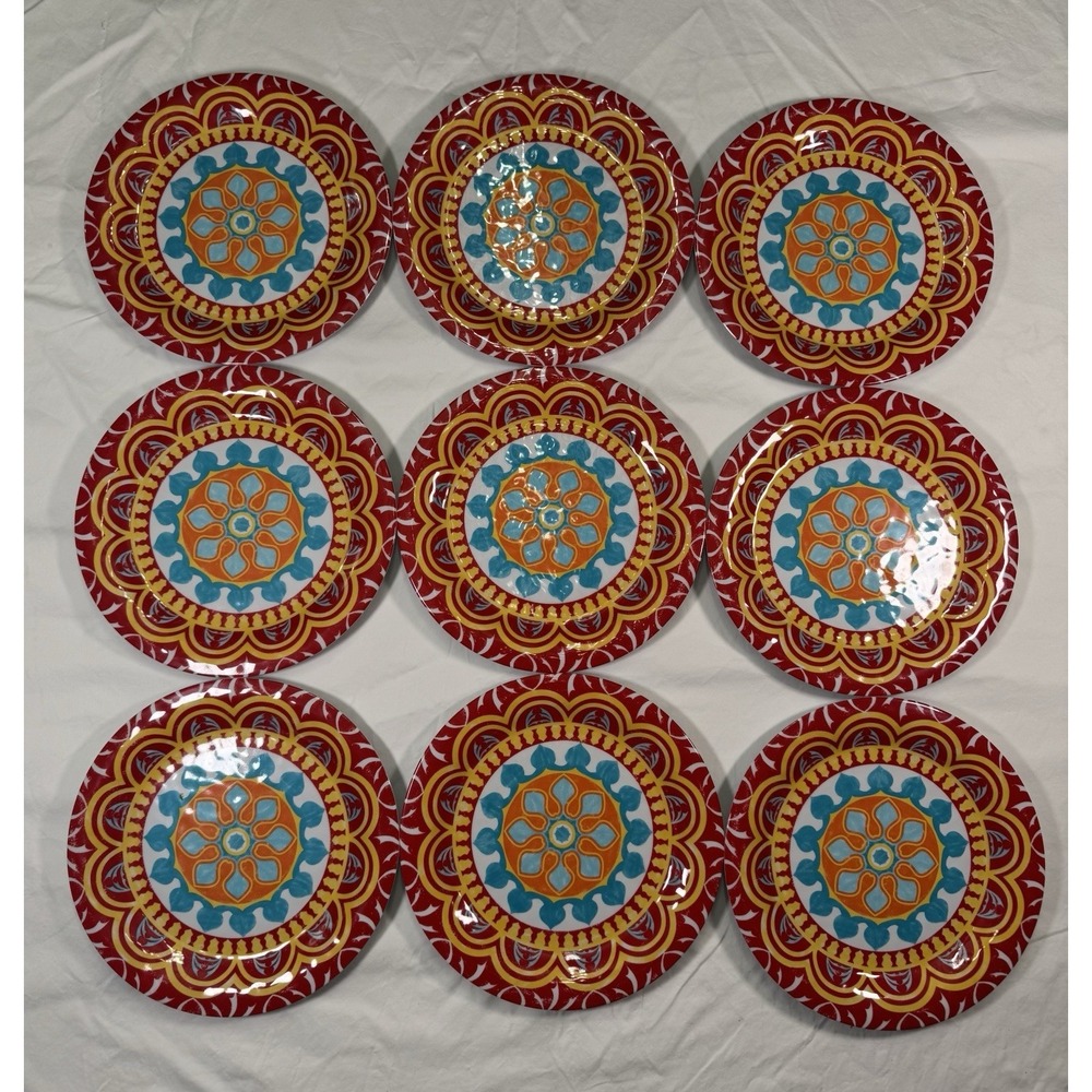 melamine Dinner Plates 9 pc set‎ Medallion red, coral, aqua patio, camping